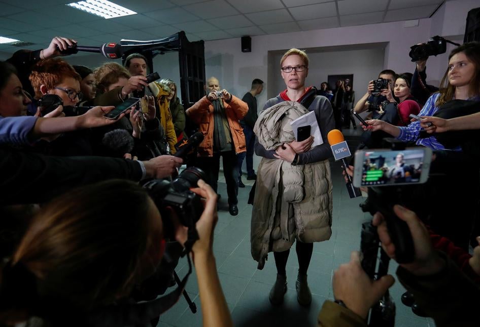 Главный редактор TUT.BY Марина Золотова после вынесенного ей приговора по делу о незаконном доступе к информации государственного информагентства. Минск, 4 марта 2019 г. 