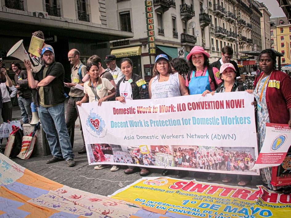 Domestic worker and human rights organizations join forces in Geneva, to demonstrate alongside the opening policy negotiations. June 2010.