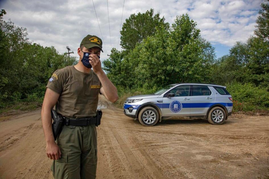 A Frontex vehicle patrols the Greek Turkish borders near Nea Vyssa village along Evros (Maritsa) river on June 18, 2021.