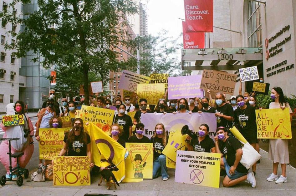Demonstrators gather for an #EndIntersexSurgery protest outside Weill-Cornell hospital in New York City in August 2021. 