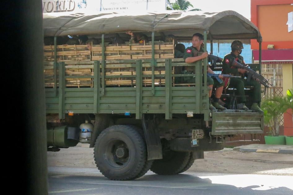 Military troops and police on patrol in Karenni State, Myanmar, May 23, 2021.