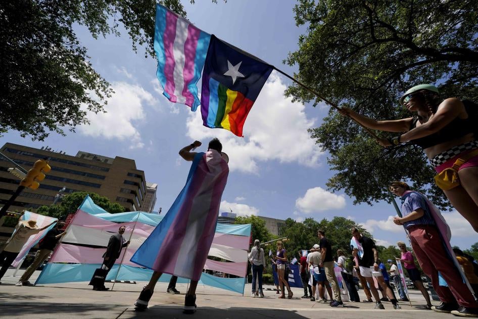 Protesters waving trans and lgbtq pride flags