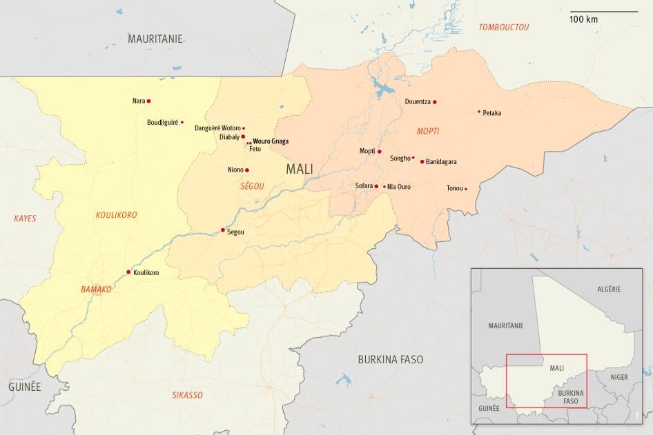 Map of Mali highlighting locations of civilian killings since December 2021. 