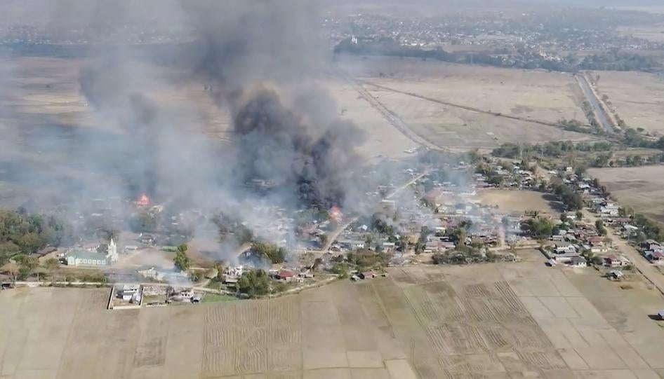 Smoke rises from burning buildings in Karenni (Kayah) State, Myanmar, February 18, 2022.