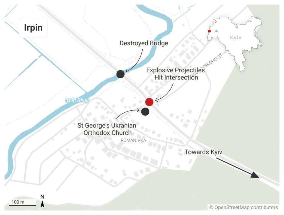 Carte montrant l’emplacement de l’intersection (point rouge) à Irpin, en Ukraine, où les forces russes ont tiré des projectiles explosifs le 6 mars 2022, alors que des civils tentaient de fuir, à pied et en voiture, en direction de Kiev.