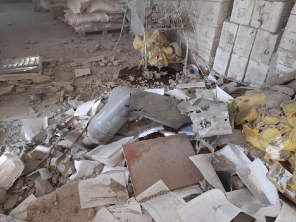 A remnant of an Uragan cluster munition rocket that on May 12, 2022 punched through the roof and several floors of Derhachi’s cultural center, which was filled with volunteers distributing aid to civilians, May 12, 2022. 