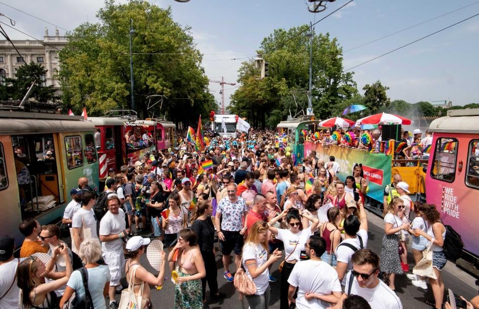 Participants attend the Euro Pride 2019 gay pride parade in Vienna, Austria on June 15, 2019. © JOE KLAMAR/AFP via Getty Images