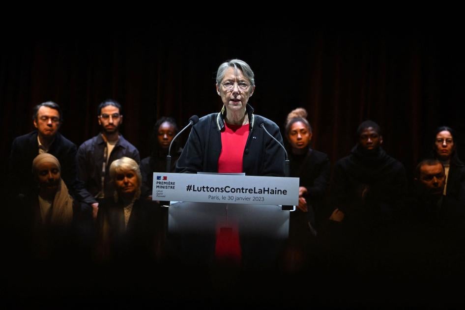 French Prime Minister Elisabeth Borne presents the National Plan against racism, anti-semitism and ethnic discrimination at the Arab World Institute in Paris. 