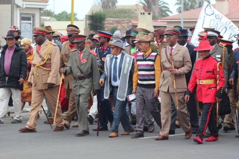 Chiefs of the Nama and Ovaherero peoples during the annual ‘reparations walk’ in Swakopmund, Namibia calling for reparations for the ongoing impact of the genocide committed by Germany’s colonial rule between 1904 and 1908.