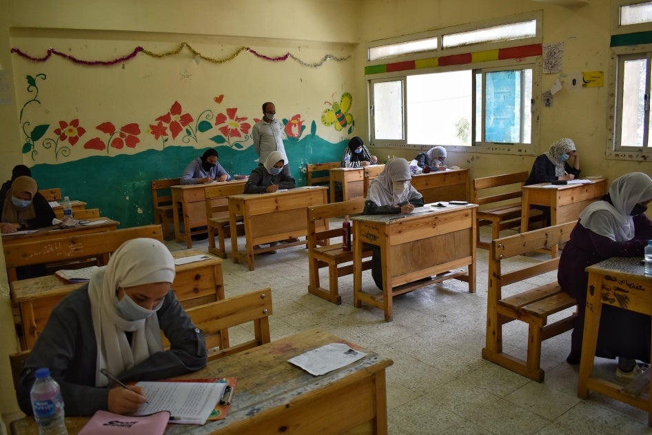 Egyptian high school students take their final exams in Cairo, Egypt.