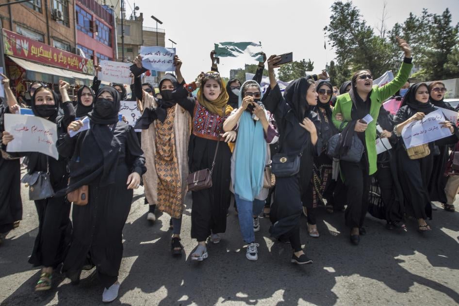 Afghan women demonstrate in the center of Kabul, Afghanistan.