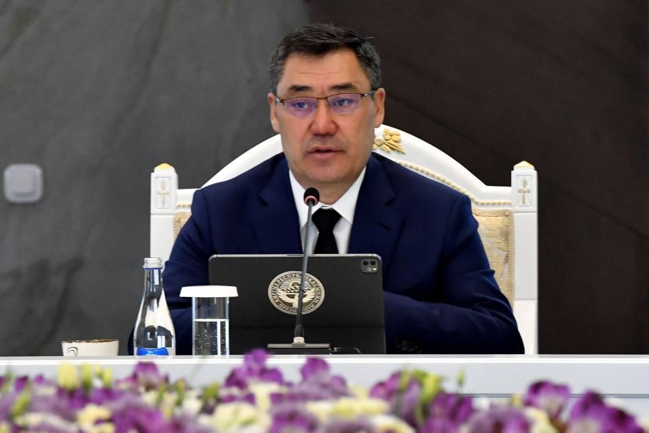 Kyrgyzstan’s President Sadyr Japarov speaks to President of the European Council Charles Michel during their talks in Cholpon-Ata, Kyrgyzstan, June 3, 2023. 