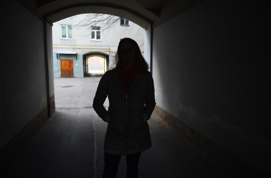 A Russian transgender woman walks in Saint Petersburg on April 12, 2019. 