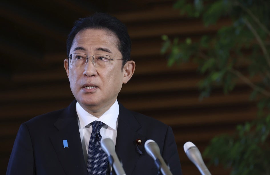 Prime Minister Fumio Kishida speaks to the media in Tokyo, September 5, 2023. 