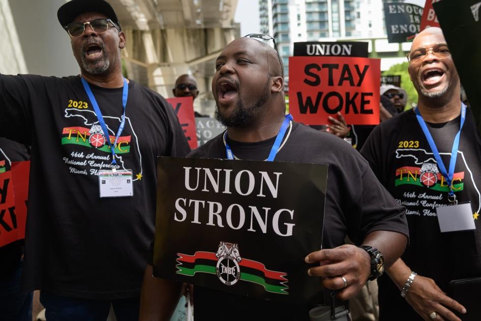 Dozens of teachers, students and labor leaders march to the school board in Miami-Dade County, Florida to protest academic standards for teaching Black History on August 16, 2023. ©2023 Michele Eve Sandberg/Shutterstock