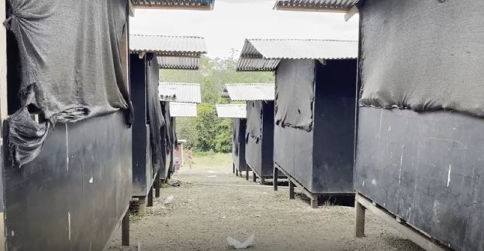 Wooden houses with corrugated metal sheet roofs