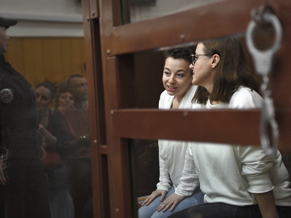 Director Yevgenia Berkovich and playwright Svetlana Petriychuk in the Khamovniki District Court, in Moscoa, Russia on June 9, 2023.