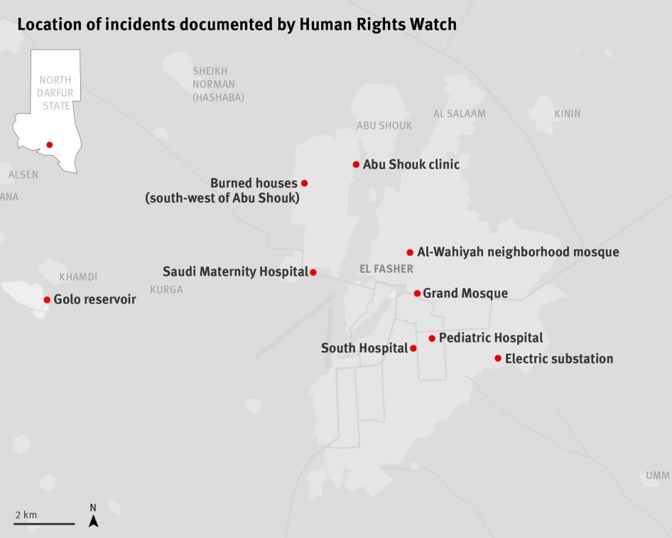 Sites d’incidents documentés par Human Rights Watch à El-Fasher (Darfour-Nord) au Soudan. Parmi les sites attaqués figuraient des hôpitaux et cliniques, des mosquées, une sous-station électrique, un réservoir et des maisons incendiées près du camp d’Abu Shouk.