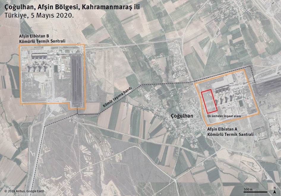 Afşin-Elbistan'daki iki kömür santrali arasında yer alan Çoğulhan köyünün haritası. 
