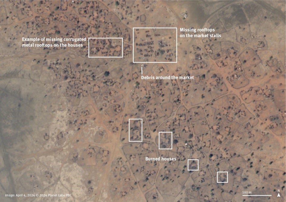 Image satellite montrant la ville de Fayu, dans le Kordofan du Sud, au Soudan, le 4 avril 2024. Cette image, comparée à une autre image satellite datée du 8 septembre 2023, montre des dommages aux toits en tôle ondulée et divers débris dans la zone du marché, ainsi que des maisons incendiées dans la partie sud de la ville. 