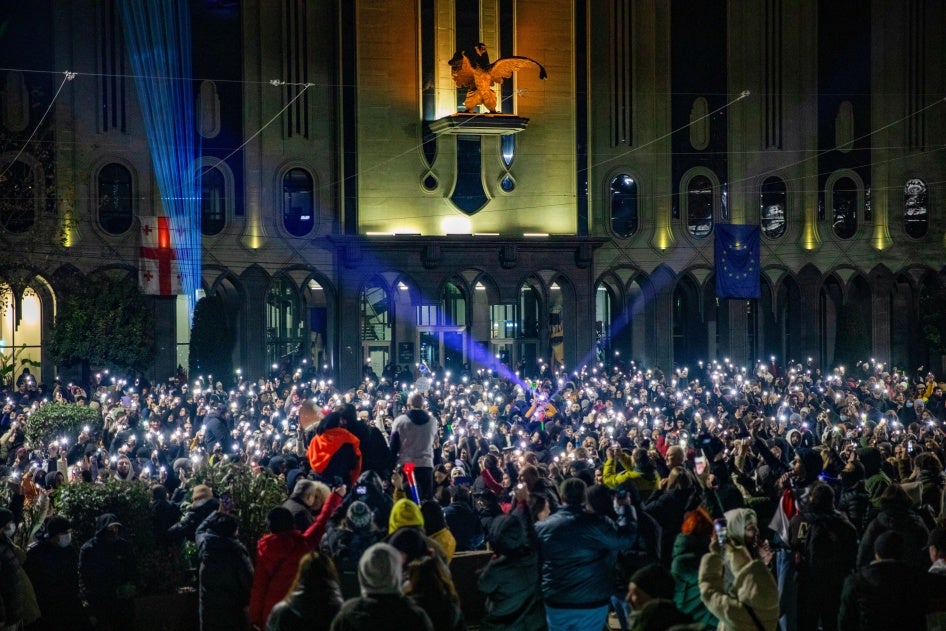 Thousands gather outside of Georgia’s parliament in Tbilisi to protest the ruling party’s decision to suspend EU accession talks, December 5, 2024.