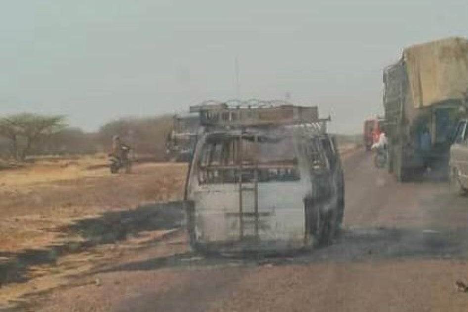 One of the buses burned in the attack, in Kobe, Mali, February 7, 2025.