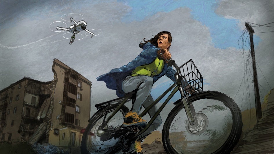 Illustration d'un drone traquant une femme.