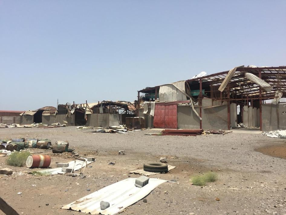 A UK-manufactured bomb struck storage hangars in Hodaida on January 6, 2016. The hangars stored school furniture, car parts, dry and canned food. Two of them contained production workshops for zinc sheeting and metal fencing grates.