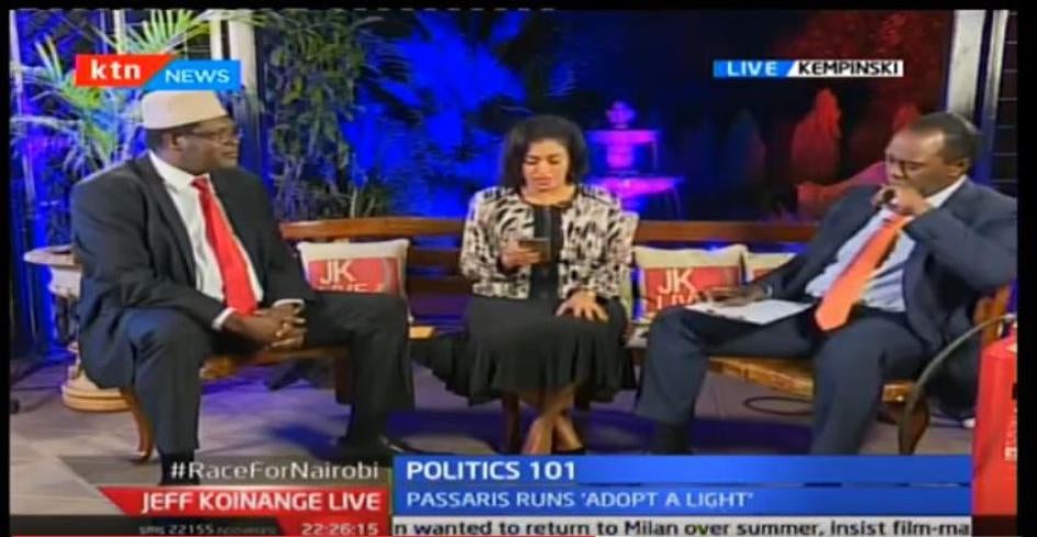 Screenshot from the November 16, 2016 broadcast of KTN's Jeff Koinange Live show. From left to right: Miguna Miguna, Esther Pasaris, Jeff Koinange. 