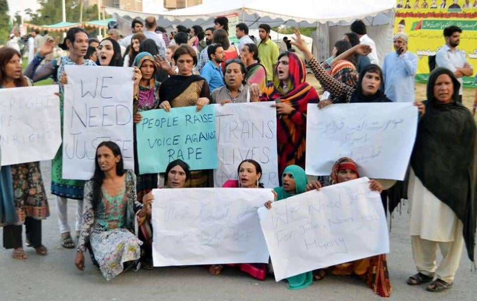 Transgender activists protest against the rape of two transgender women in Faisalabad.