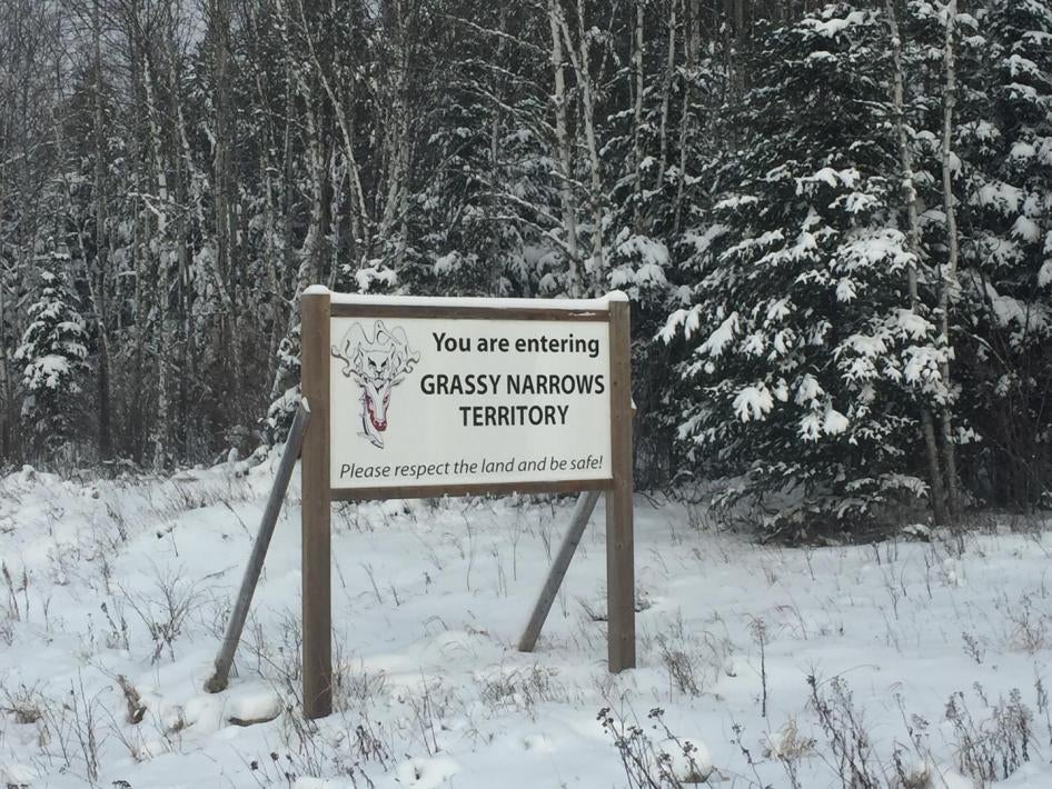 Sign entering Grassy Narrows, Ontario, Canada.