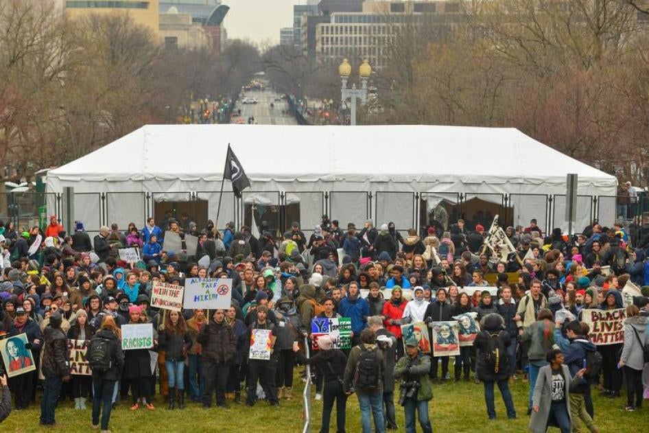 Protesters at an entry point before the inauguration of U.S. President-elect Donald Trump in Washington, DC, U.S., January 20, 2017. 