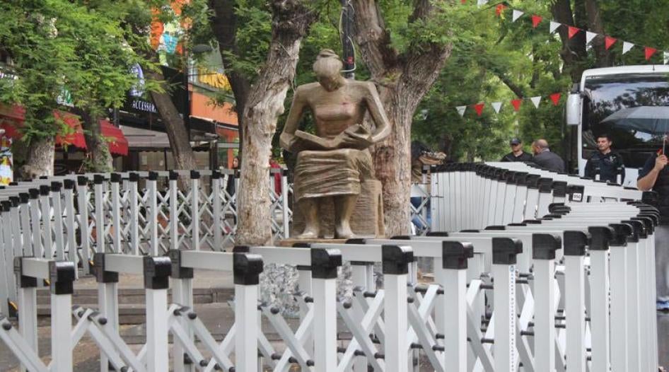 The human rights monument in Ankara cordoned off with a police barricade during Turkey’s state of emergency to prevent its use as a site of public assembly and protest, 2017.