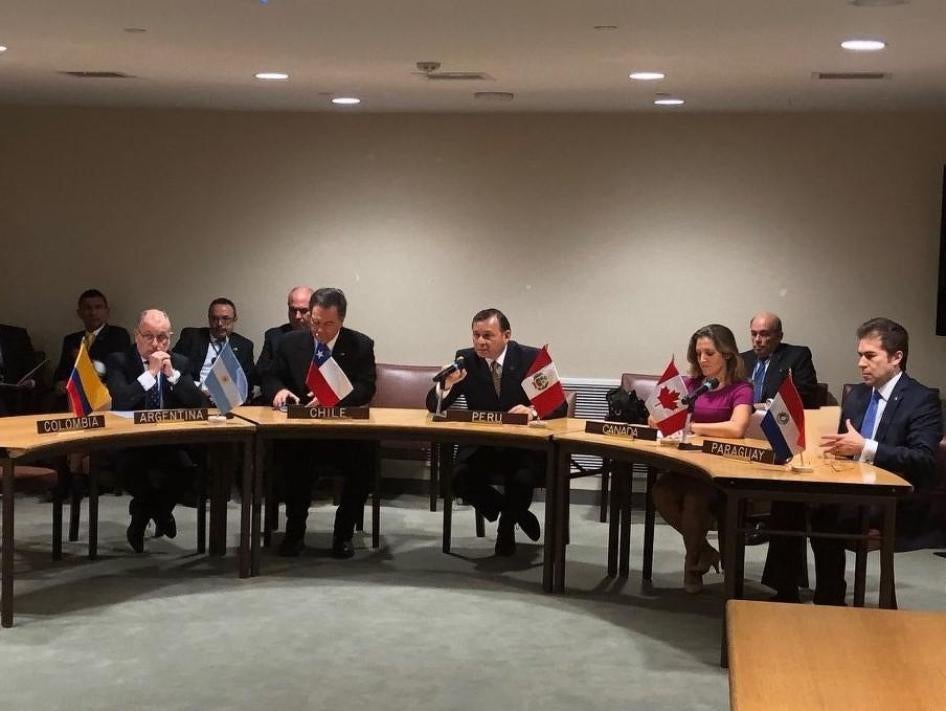 美洲多国外交部长发表声明，要求国际刑事法院检察官办事处调查委内瑞拉情势。纽约，2018年9月26日。