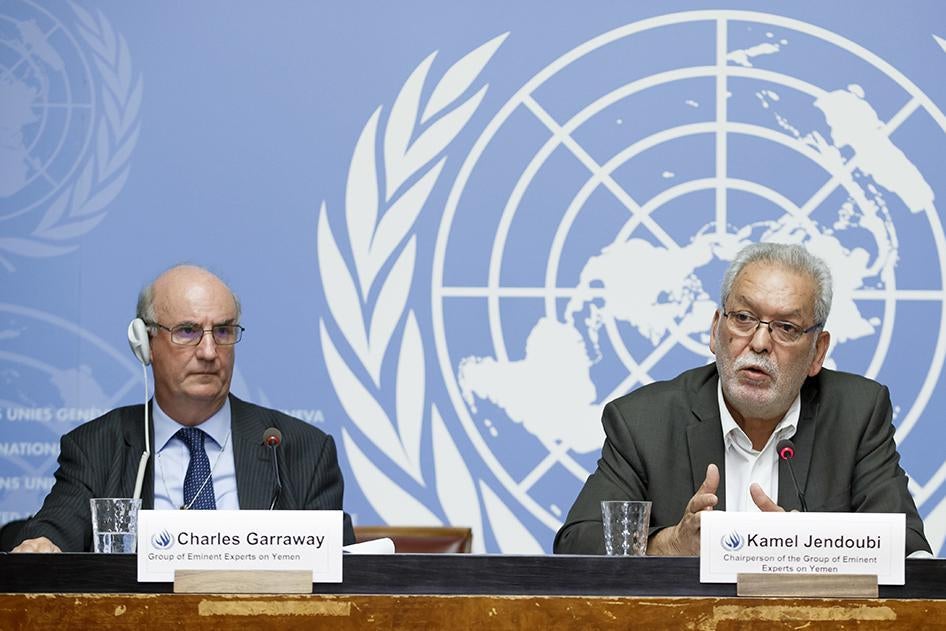 Members of the UN Group of Eminent Experts on Yemen present their report on abuses by parties to the conflict on August 28, 2018 in Geneva. 