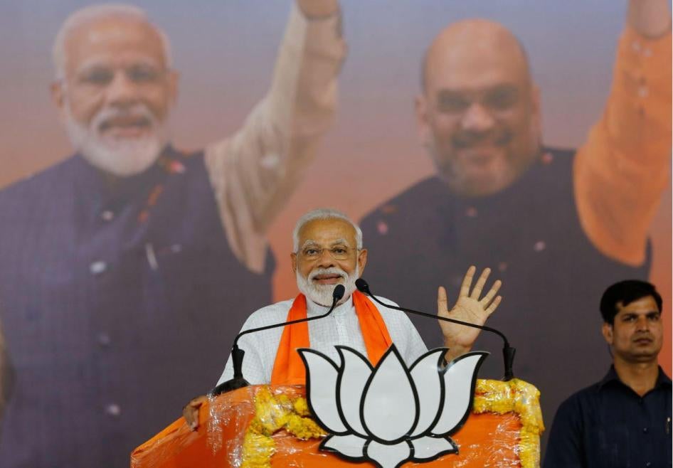 Indian Prime Minister Narendra Modi speaks during a public meeting in Ahmadabad, India, Sunday, May 26, 2019.