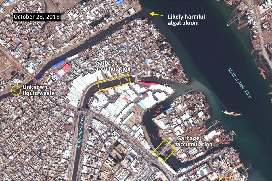 Image satellite datée du 28 octobre 2018, montrant l’emplacement de ce qui pourrait être une prolifération d’algues toxiques (flèche jaune) ainsi que des accumulations de déchets dans des canaux reliés au fleuve Chatt el-Arab à Bassora, en Irak.