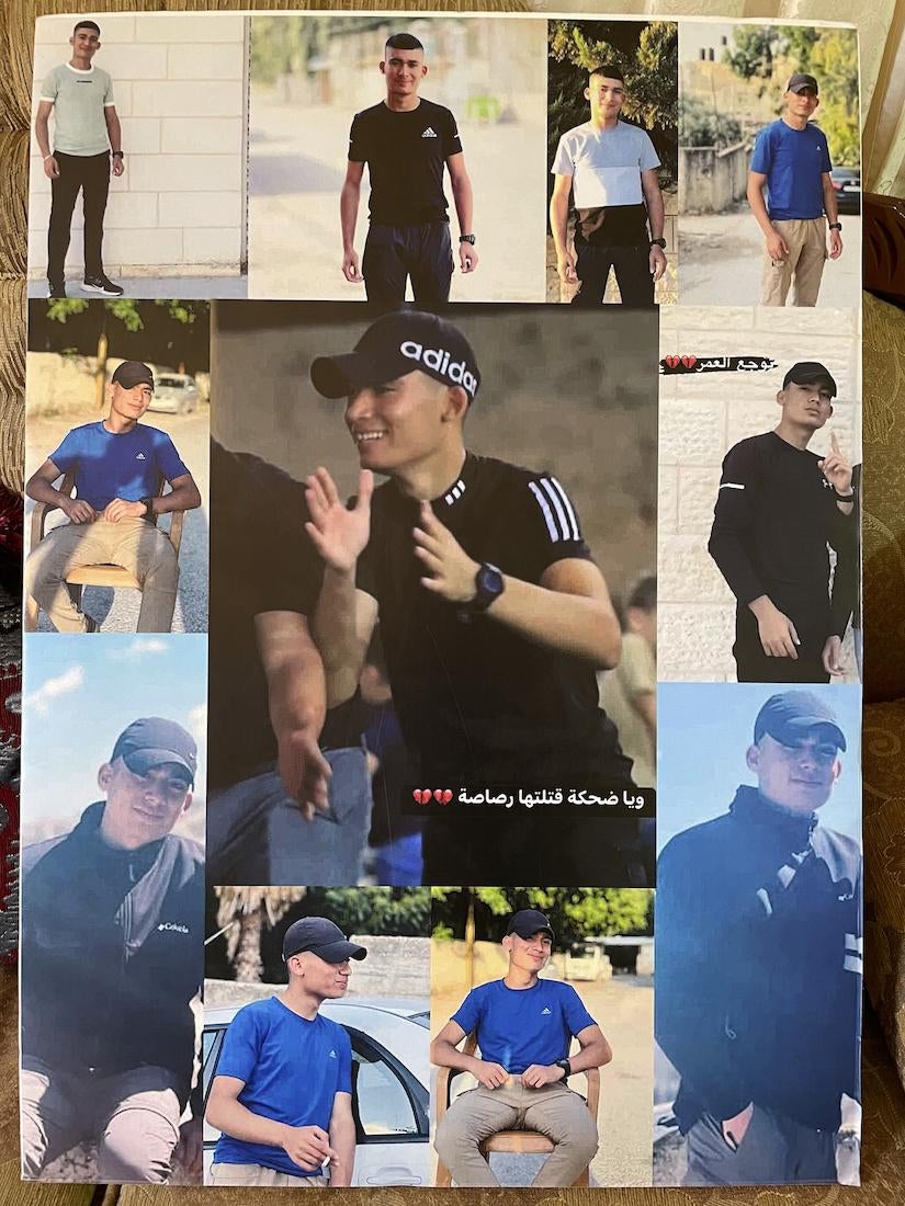 A poster comprised of photos of Mahmoud al-Sadi, at his parents’ home in Jenin refugee camp, May 6, 2023. 