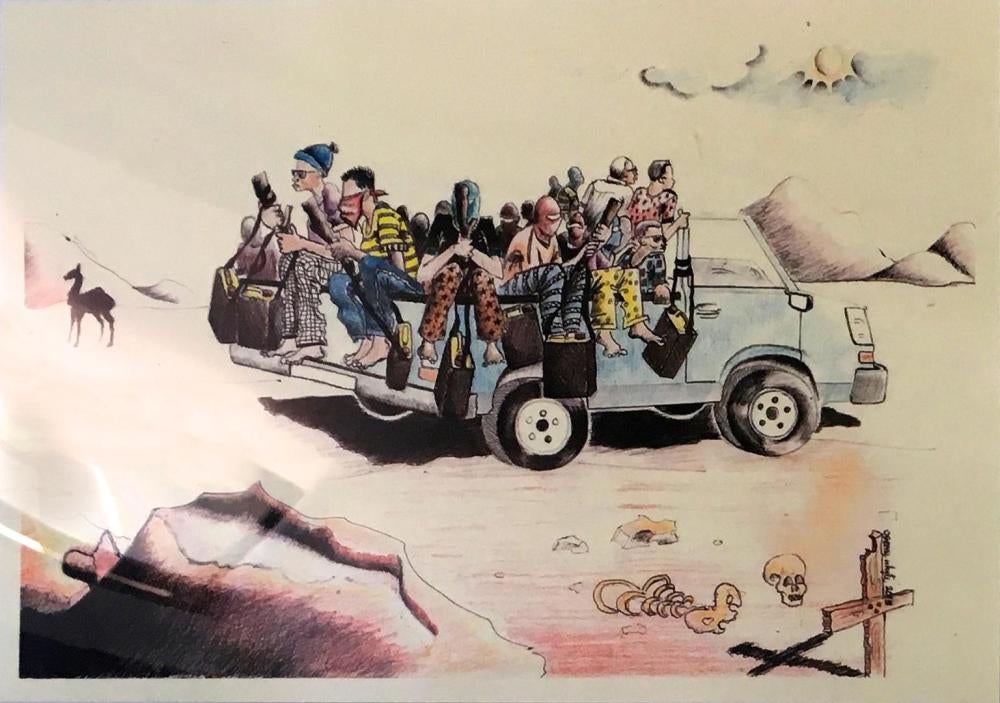 “The Departure,” drawing by a Senegalese man hanging in the Villa Sikania reception center in Sicily, Italy. 