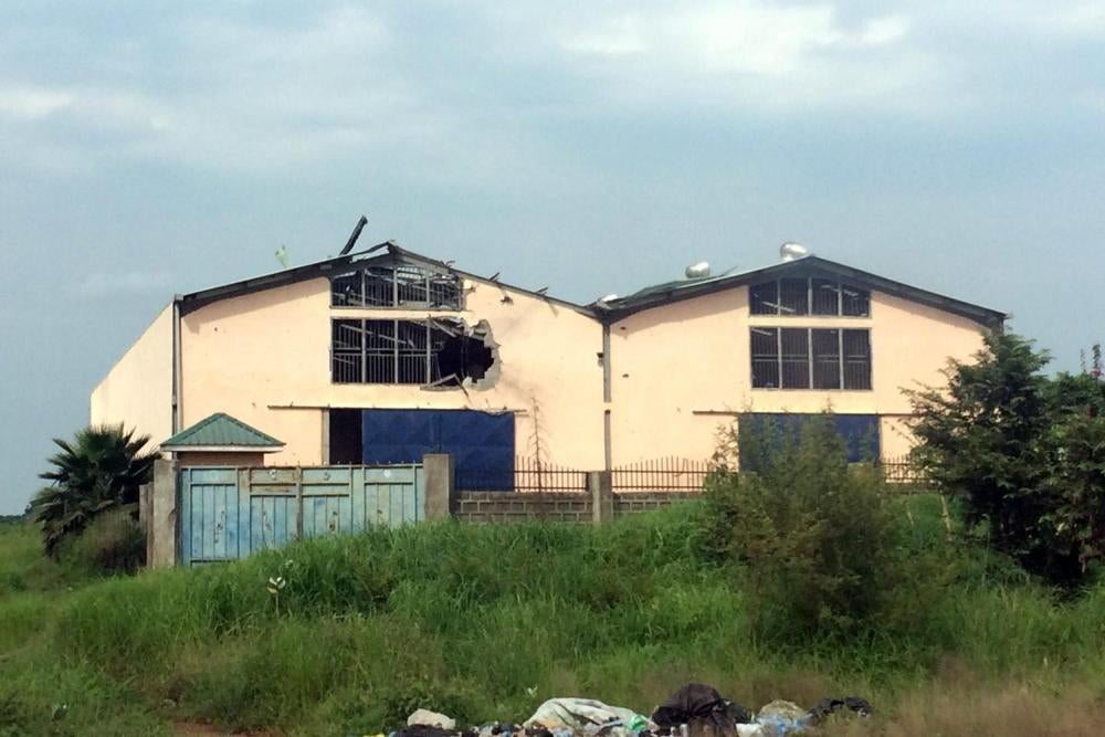 Damage from tank shelling on a warehouse near the main UN base at Jebel, Juba, South Sudan in July 2016. 