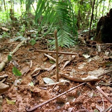 A cross marks graves near the Biaro refugee camp, an estimated 42 kilometers south of Kisangani, in eastern Democratic Republic of Congo, May 18, 1997.