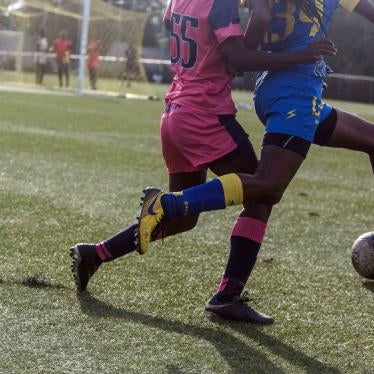 Residents of the Centre Technique National in Croix-des-Bouquets play in a match on May 12, 2020. Earlier this year, survivors and family members accused Haitian Football Federation president, Yves Jean-Bart, of raping young female players at the center and subjecting them to other abuses. 