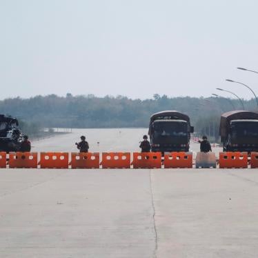 Soldiers at a blockaded road to Myanmar’s parliament in Naypyidaw during the February 1, 2021 coup.