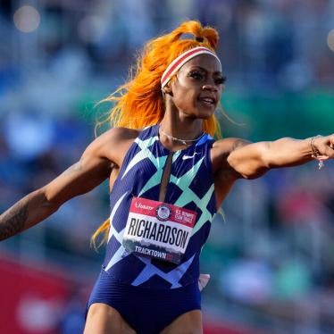 Sha'Carri Richardson celebrates after winning the first heat of the semi-finals in women's 100-meter run at the U.S. Olympic Track and Field Trials Saturday, June 19, 2021, in Eugene, Oregon