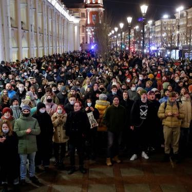 People attend an anti-war protest, in Saint Petersburg, Russia.