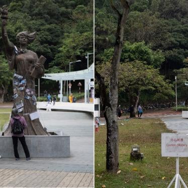 This composite image shows the "Goddess of Democracy" statue at the Chinese University of Hong Kong; and the site after the statue was removed.