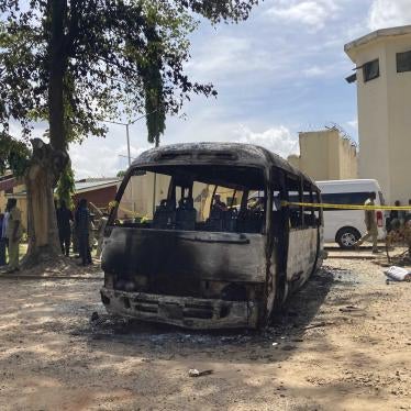 A burned-out bus outside Kuje prison following a jail break, Kuje, Nigeria, July 6, 2022. 