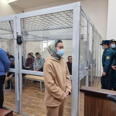 Lolagul Kallykhanova, one of 22 defendants on trial in connection with July protests in Karakalpakstan, stands at the sentencing hearing at court in Bukhara, Uzbekistan on January 31, 2023. 