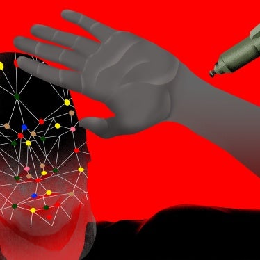 Illustration of a person shielding their face from oncoming autonomous weapons