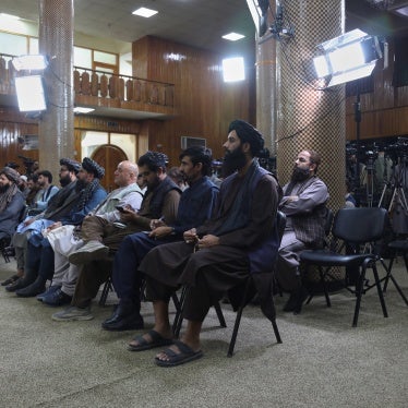 Officials and Journalists attend a Taliban press conference at the Government Media and Information Center in Kabul, Afghanistan, October 12, 2025.